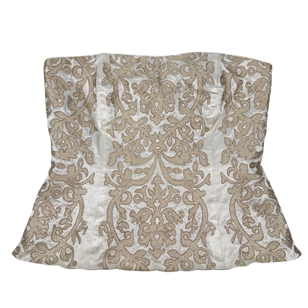 Vintage WHBM Strapless Embroidered Bustier Top Corset White Gold Beige Sz 4 Y2K